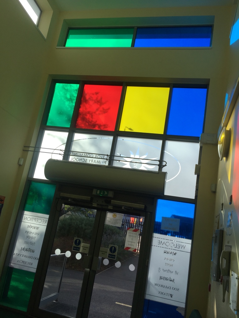 Coloured glass in school foyer